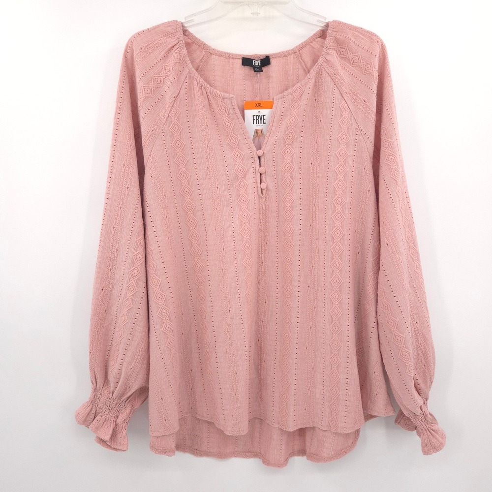 Frye NWT Blouse Womens XXL Pink Pointelle Smocked Cuff‎ Long Sleeve Boho Top